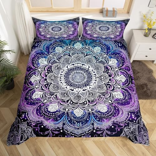 Erosebridal Mandala Bedding Set King Size,Boho Floral White Duvet Cover, Gypsy Comforter Cover for Girls Women, Bedding, Modern Trippy Bedroom Decorative, Purple Blue