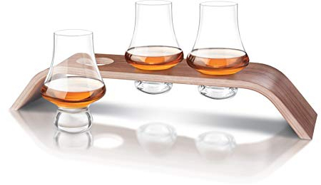 Final Touch Whiskey Flight Tasting Set – Set of 3 Lead-Free Crystal Glasses with Walnut and Aspen Wood Levitation Stand - DuraShield Titanium Reinforced – Handcrafted (LFG4133)