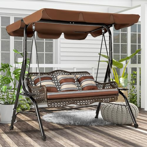 AECOJOY 3-Seat Outdoor Patio Swing Chair, Large Converting Canopy Porch Swing Glider, Hammock Lounge Chair for Porch, Rattan Wicker Steel Frame Cushion & Pillow, Brown
