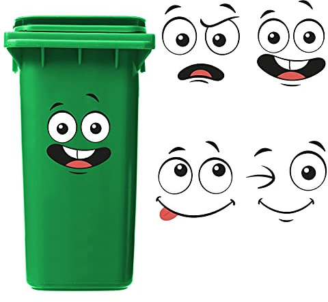 Nezyo 4 Blätter Mülltonnen Aufkleber Mülltonnenaufkleber Wetterfest Großes | 21 x 30 cm, Sticker für Mülltonne Karikatur, Ausdrücke Mülleimer Aufkleber, Augen und Mund für Kühlschrank Eimer Wand