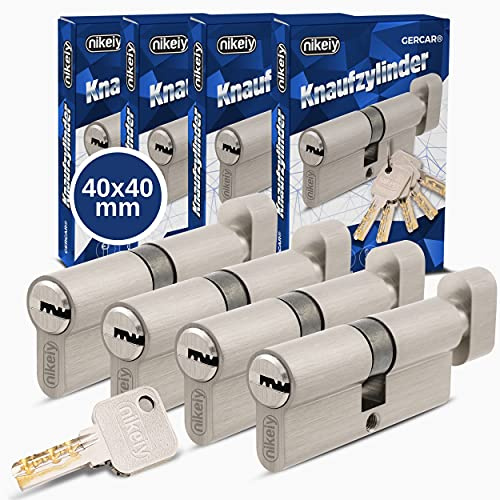 GERCAR Pro Knaufzylinder 40/40 Massiver Schließzylinder gleichschließend mit Knauf - 4er Set Zylinderschloss aus Messing Matt Vernickelt - inkl. 10x Wendeschlüssel - Länge: 80 mm, A:40 B:40-4x