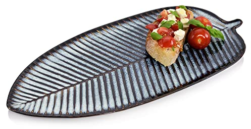 Sänger | Servierplatte Tokio, Steingut Servierteller in Blattoptik, Ovaler Teller für Fleisch Fisch und Snacks Spülmaschinenfest, Snackplatte Blau mit Schwarzen Akzenten | PREMIUM COLLECTION