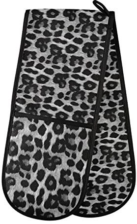 Animal Print, Black White Leopard Skin Texture, Black White Dots Double Oven Mitt Gloves Extra Long Potholder High Heat Resistant for Baking Cooking Baking Grilling Handling Hots Pans 35x7