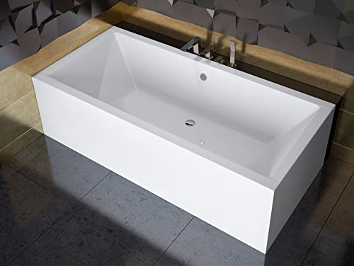 ECOLAM Badewanne Quadro 170x75cm Wanne Rechteck Ablauf Füße Silikon SET | Rechteckbadewanne Ablauf in der Mitte ideal für zwei Ablaufgarnitur Ab- und Überlauf Automatik Füße Silikon Komplett-Set