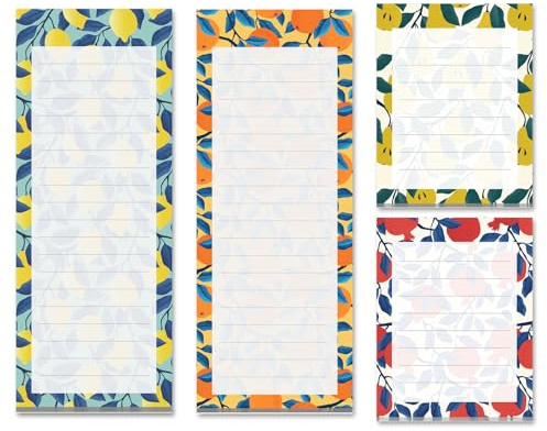 Prims & Flourish Magnetic Notepads for Refrigerator, 4-Pack Grocery List Magnet Pad for Fridge, to-Do List, Reminders, Scratch Pads, Fruit Designs, 60 Sheets Per Pad