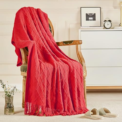 inhand Gestrickte Geschenkdecke für Couch und Bett, Valentinstagsdekoration, Decke für Sie, Ihn, Freundin, Ehefrau, rot, romantisch, leicht, dekorativ mit Quaste, Bauernhaus, warm, gewebt, für Damen,
