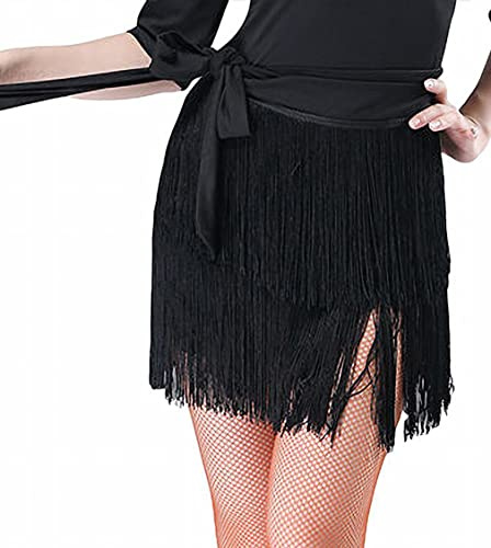 SEAUR Jupe de danse latine tango danse du ventre foulard franges jupe rumba cha samba salle de bal robe de danse, Noir(deux couches), taille unique