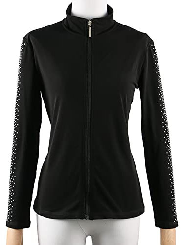 Youthful flying Frauen und Mädchen Eiskunstlauf Jacke Lange Ärmel Schwarze Eislauf Tops mit Strasssteinen(Size:3XS,Color:Jawohlchwarz)