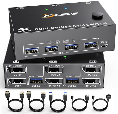 DP KVM Switch Zwei Monitore, 2 Computer 2 Monitore KVM Umschalter Displayport USB 3.0, Unterstützt 4K@60Hz für 2 Computer, die Tastatur, Maus und Monitor teilen
