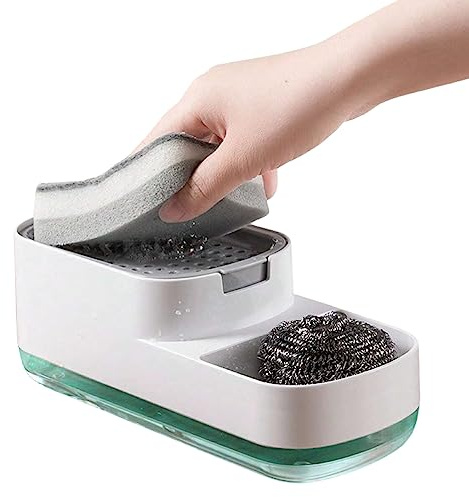 GUSTO Dispenser di Sapone Liquido Detersivo Piatti Dosatore Grande Capacità 2 in 1 con Ripiano Extra in Plastica con Supporto per Spugna per Lavello da Cucina Spugna Inclusa (Modern White 2-in-1)