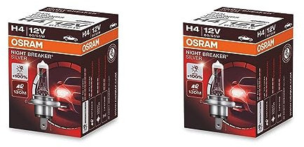 Osram Night Breaker Silver H4, +100% mehr Helligkeit, Halogen-Scheinwerferlampe, 64193NBS, 12V Pkw, Faltschachtel (1 Lampe) (Packung mit 2)