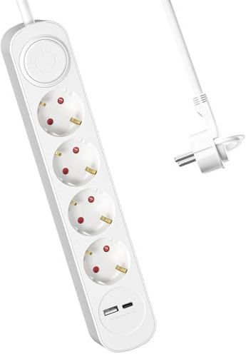 RealMade Uttag med USB och USB-C, 4-vägs uttag med 5 m förlängningskabel, platt kontakt, 3 680 W med strömbrytare, barnsäkring för kontor och hem, vit