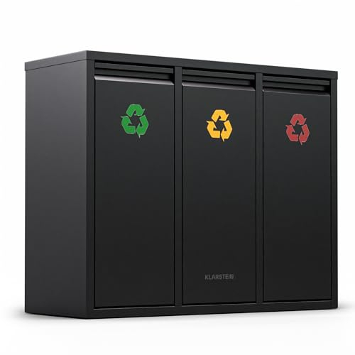 KLARSTEIN Ordnungshüter 3 - Pattumiera da 45L per la Raccolta Differenziata, 3 Contenitori da 15L, Acciaio Inox Verniciato, Impugnature Cromate, Pattumiera per la Cucina