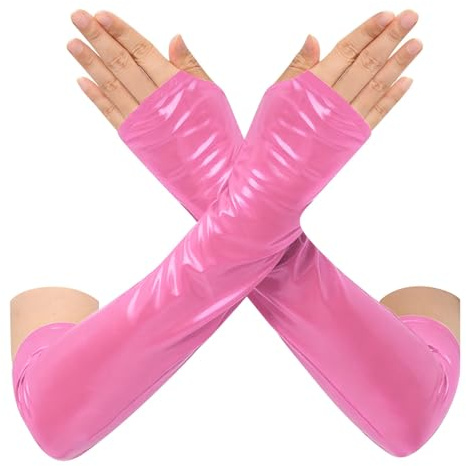 dPois Damen Wetlook Handstulpen Lang Fingerlos Handschuhe Lackleder Manchetten Cuffs Gothic Punk Zubehör Clubwear