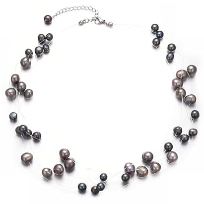 Aleasha Süßwasser Perlenkette Damen Mehrreihige Perlenkette Schwarz 5 Reihig Kurze Barocke Choker Hochzeits Boho Halskette Schmuck