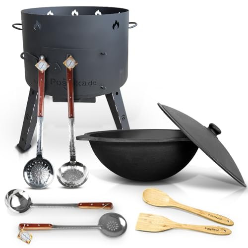 Utschak - Hornillo de hierro fundido con tapa (22 L, KazanoFF, Учаг, exterior, brasero, camping, kazán, cañón de goulash, horno holandés (Set 6)