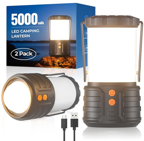 PopoIron Lanterna da Campeggio a LED Set da 2 con Batteria Ricaricabile da 5000 mAh, Luci di Emergenza per Blackout, 3 Colori, Impermeabile IPX4, Torcia Portatile per Tenda da Campeggio per Casa