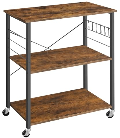 VASAGLE Kitchen Shelf on Wheels, Serving Trolley with 3 Shelves, Microwave Shelf, for Mini Oven, Toaster, with 6 Hooks, 40 x 80 x 89 cm, Industrial Style, Rustic Brown and Ink Black KKS067K01