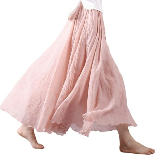 Gyios lång kjol sommarkjol, bomull och linnekjol, linne enfärgad lång kjol, lös bred kjol, veckad A-linjeformad kjol, Rosa, 95CM