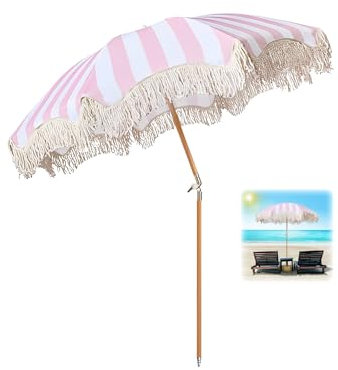 ELZEM Rose Parasol De Plage Pliable Anti Uv 180cm Parasol De Jardin Exterieur Parasol Balcon Inclinable Parasol Terrasse Avec Frange Parasol À Frange Anti Vent 8 Baleines Pour Terrasse Balcon Piscine
