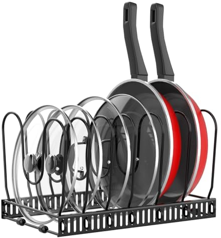 Housolution Porta Pentole e Padelle da Cassettone, Espandibile Porta Coperchi Pentole con 7 Scomparti Regolabili, Organizer Coperchi Pentole e Padelle per Cucina, Nero