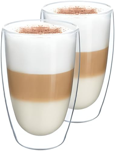Hot&Cold Latte macchiato-glas i set 2 x 450 ml, dubbla väggiga kaffeglas av borosilikatglas, kvalitetsglas, cappuccino iskaffe koppar, termoglas, teglas, dubbelväggiga, isolerande effekt