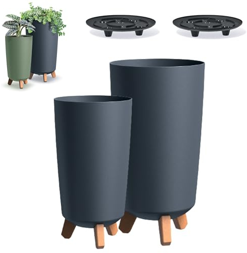 DIKEL Lot de 2 pots de fleurs ronds - Diamètre : 19,5 cm x 36,5 cm et diamètre : 24 cm x 44,5 cm - Pot de fleurs avec pieds pour l'intérieur et l'extérieur - Décoration pour la maison et le jardin