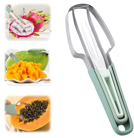 Mauepersu Obstschneider, 3-in-1 Wassermelonen Schneider Aus Edelstahl, für Cantaloupe, Papaya, Drachenfrucht, Obstgabelschneider Für Zuhause, Party, Camping, Küchengerät (Grün)