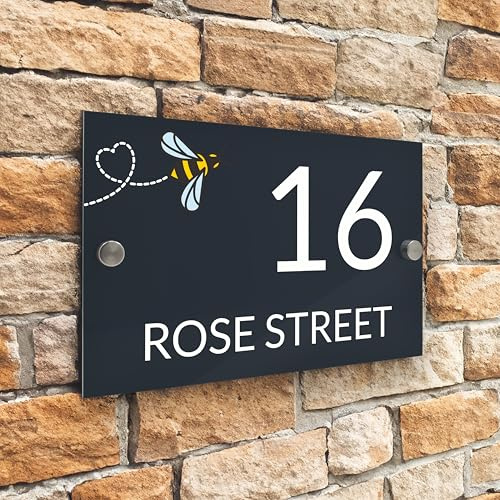Badgemaster Modern Anthracite Grey House Number Sign Plaque Stainless Steel Standoffs 20cm x 13cm Flying Bee