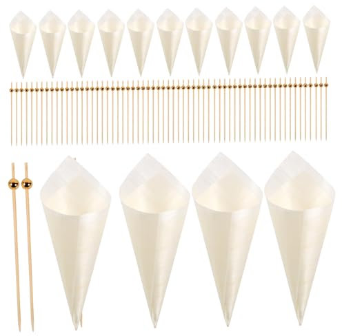 MUSISALY Conos Desechables De Madera Para Comida 125 Mm 100 Unidades y Palillos Largos Para Aperitivos 12 Mm 100 Unidades, Set De 200 Piezas Para Fiestas Tropicales y Selección De Frutas
