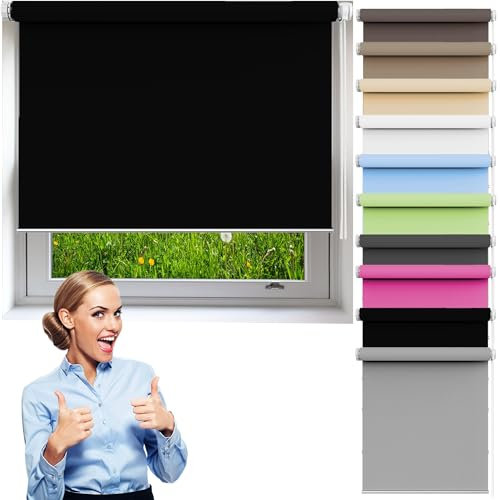 Fensterrollo Rollo 30 x 210 cm Hitzeschutz Und Sichtschutz, Ohne Bohren Seitenzugrollo für Schlafzimmer, Badezimmer, Wohnzimmer Fenster, Schwarz