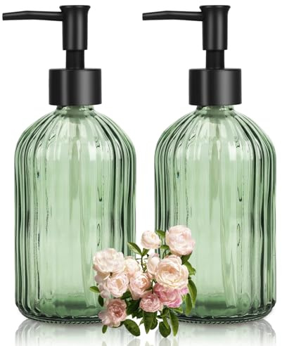 Glass Soap Dispenser with Plastic Pump, Hand Soap Dispenser for Hand Wash, Lotion Dispenser for Dishwashing Liquid, Lotion Shower Gel (Green)