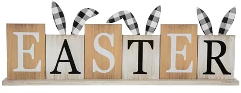 Buffalo Check Easter Decor Stand - Durable MDF & Plywood Letter Blocks w/ Funny Bunny Ears Accent - Rustic Farmhouse Easter Decorations for Home, Office, Shelves, Window Display 8.75 H x 24.44 W