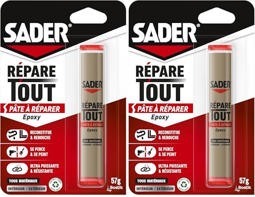 Sader Répare Tout - Pâte à Réparer Epoxy - Tous Matériaux – Intérieur/Extérieur – Couleur : Gris – 1 Tube 57 g 30621068 (Lot de 2)