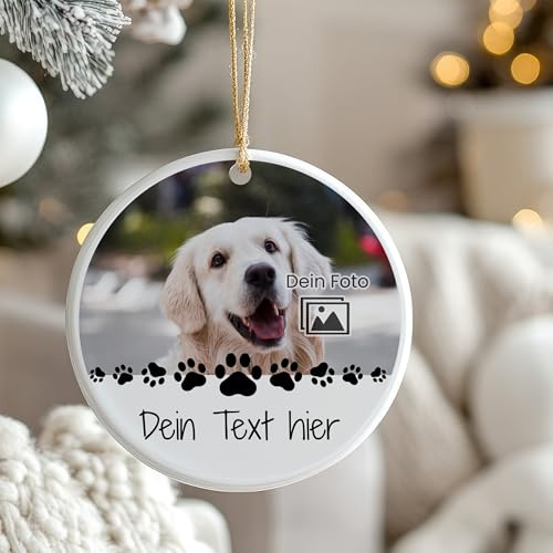 GRAZDesign Weihnachtskugel mit Foto und Namen personalisiert, Tannenbaum Aufhänger Keramik 10x10cm Geschenk Erinnerung Motiv Hunde