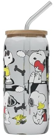 Little Boom Vaso con tapa y pajita con diferentes diseños. Vaso de cristal con tapa de bambú y pajita de cristal de 500ml. (Snoopy)