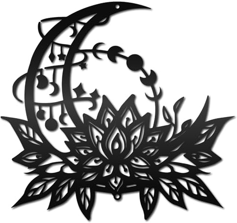CREATCABIN Moon Lotus Wall Decor Metal Flower Wall Art Moon Phase Black Ornaments Silhouette Signs Wall Art Hanging Sculpture for Home Bedroom Garden Office Decoration Housewarming Gift 11.8 x 11 Inch