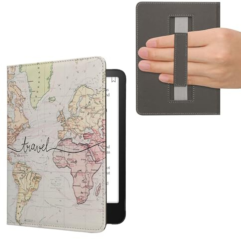 kwmobile Schutzhülle für Amazon Kindle Paperwhite (2024)/Colorsoft Hülle - eReader Flip Case mit Handschlaufe und Auto Sleep Funktion - Travel Schriftzug mit Schwarz Mehrfarbig