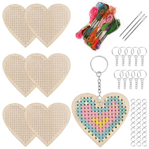Keadic Kit per punto croce in legno a forma di cuore, 64 pezzi, crea i tuoi 10 portachiavi a punto croce, kit da cucito in legno, cuori per arti e mestieri, ornamenti a cuori, kit da ricamo in