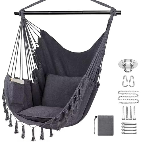 TOOSOAR Silla Colgante Exterior,Silla Hamaca Columpio de Algodón con 2 Cojines,para Salón Dormitorio Jardín Terraza,hasta 200 kg(Gris Oscuro