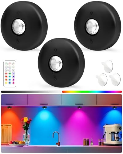 Yiliaw LED-Pucklichter mit Fernbedienung, magnetische AAA-betriebene Leuchten, Unterbauleuchten, Tippleuchten mit Dimmer & Timer für Küche, Schrank, Regal – 3er-Pack, Schwarz