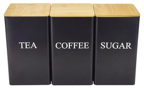 Onperpoe Juego de 3 botes cuadrados de metal para té, café y azúcar, con tapa hermética de bambú y marcador de nombre, juego de almacenamiento de cocina