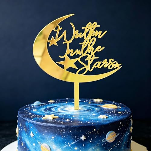 Written in the Stars Moon Cake Topper, Gold Mirror Acrylic, for Party Decorations Ideas,Engagement,Anniversary,Bachelorette,Pregnancy Announcement Party Decorations