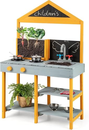 FANTASK Cucina per bambini, per esterni, in legno di abete con contenitore per piante, 2 lavagne e rubinetto e lavandino (blu)