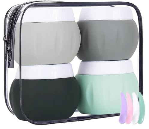 Honicemar 4 Piezas Recipientes de Viaje de Silicona de 50 ml con Espátula y Bolsa Transparente, Tarros de Crema Botes de Silicona para Cosméticos Cremas Artículos de Tocador y Joyas - Gris
