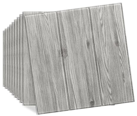 Tarwanear 50PCS Grey Wooden Panel Peel and Stick 3D Wall Panels 35×35cm Self Adhesive Wall Tile Stickers Waterproof Removable Home Decor for Kitchen Bathroom Ceiling