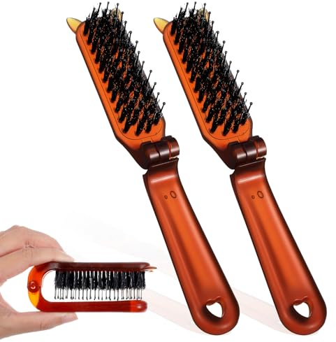 2 Pack Folding Boar Bristle Brush, Portable Travel Hair Brush,Mini Boar Bristle Brushes for Any Hairstyles, Restore Hairs Shine