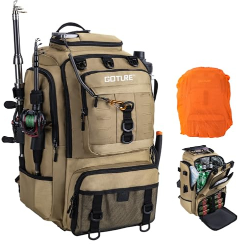 Goture Fishing Backpack 40L Tackle Rucksack Insulated Fishing Bag with Cooler, 900D Oxford Fabric with Rod Holder, Organised Storage Compartments, Rain Cover, Comfortable Straps Bag Only Khaki