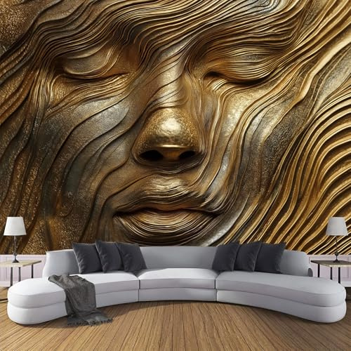 Carta Da Parati Bella Donna Viso 350× 256cm Wallpaper Carta Da Parati Murale 3D, Trama Ondulata Astratta Fotomurali Moderni Per Soggiorno E Camera Da Letto, XXL Decorazione Murale 3D, Oro