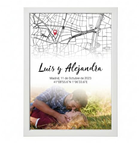 DEREGALOOS Póster Personalizado con Foto y Mapa de Coordenadas. Cuadro Decorativo y Marco con Nombres y Fecha. Regalo Romántico con Imagen para Parejas. Ideal para Aniversario (Mapa y Fecha + Foto)
